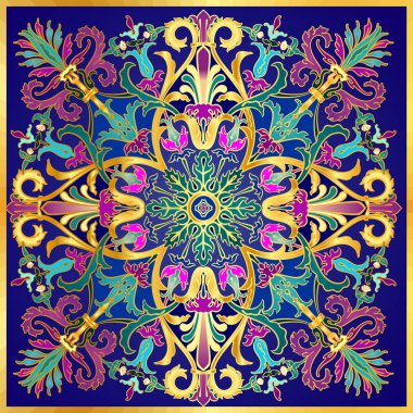 Renkli vektör antik Roma, imparatorluk veya barok tarzı dikişsiz tekstil desen çiçek ve süs motifleri ile koyu mavi, yeşil, zümrüt, turkuaz, mor, altın renkler