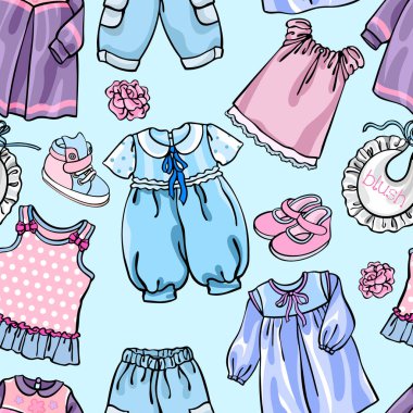 Yeni doğan çocuk moda, özel arka plan için dikişsiz vektör desen illüstrasyon, tekstil, giysi el çizimleri ile duvar kağıdı tasarımı, giysi, elbise, giyim, ayakkabı, mavi aksesuarlar, pi