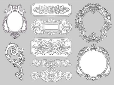9 vektör süslü klasik antika barok veya rokoko tarzı vintage süsler, basit çizgi çerçeveler, vinyetler, sınırları, siyah ve beyaz renklerde desen elemanları, özel baskı ve des için izole seti