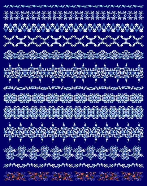 Állítsa be a 13 vektor varrat nélküli díszítő határok virágos Arab nemzeti iszlám dísz Lapis kék és fehér színben — Stock Vector