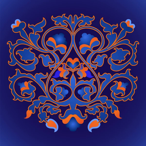 Vector floral Islamic Kazakh, Uzbek ornamental composition in lapis blue and orange colors for custom textile design — Stock Vector