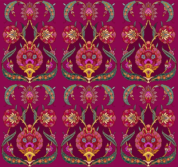 Vector sin costuras lujoso floral ornamentado persa Damasco estilo vintage patrón textil boho en colores púrpura profundo, rojo y oro para impresión y diseño personalizado — Vector de stock