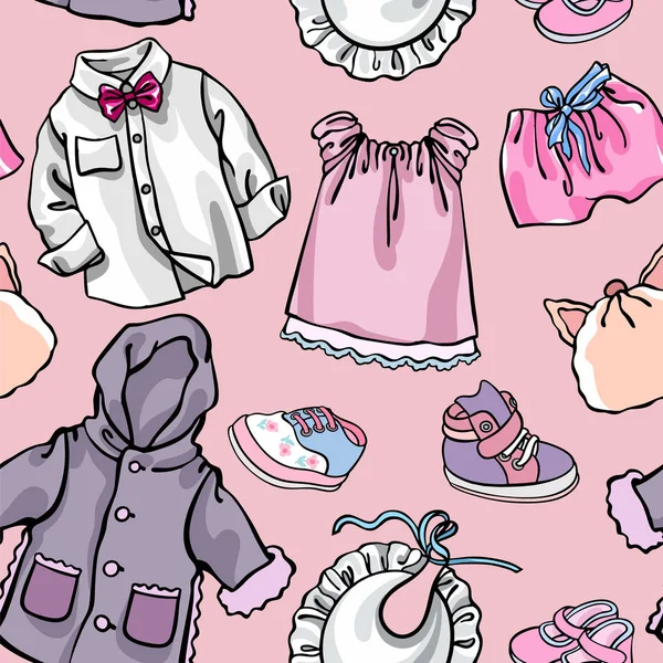 Ilustración de patrón vectorial sin costuras para fondo personalizado, textil, diseño de papel pintado con dibujos a mano de moda para niños, prendas de vestir, ropa, vestidos, ropa, zapatos, accesorios en lila, rosa y — Vector de stock