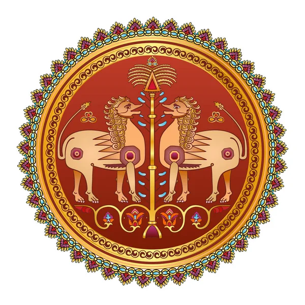 Färgglada vektor arabiska islamiska sömlösa textilmönster med bilden av lejon i cirkel, hundar och prydnadsträd i terrakotta, rött och guld färger på vit bakgrund — Stock vektor