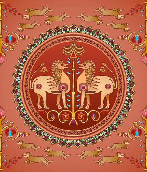 Colorido vector árabe islámico patrón textil sin costuras con la imagen de león en círculo, sabuesos y árboles ornamentales en terracota, rojo y oro colores — Vector de stock