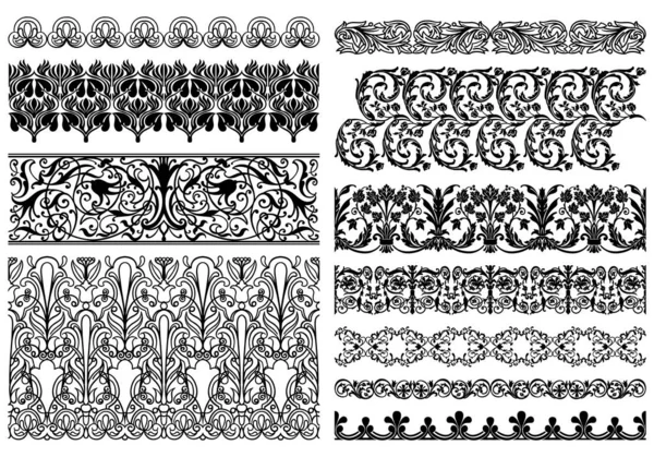 Ensemble de 11 ornements décorés de style baroque antique classique ou rococo vintage sans couture, bordures de ligne simples, cadres, vignettes, éléments de motif de diviseurs en couleurs noir et blanc, isolés pour cu — Image vectorielle