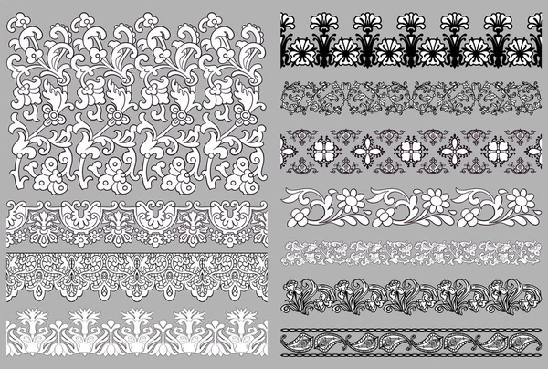 Conjunto de 11 vector adornado clásico antiguo barroco o rococó estilo vintage ornamentos sin costura, bordes de línea simples, marcos, viñetas, elementos de patrón divisores en colores blanco y negro, aislado para cu — Vector de stock