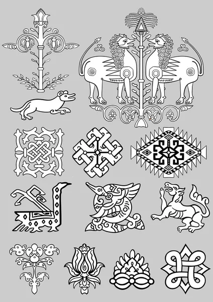 Ensemble de motifs ornementaux arabes vectoriels et d'éléments de décoration florale, zoologique et abstraite islamique de couleur noire et blanche — Image vectorielle