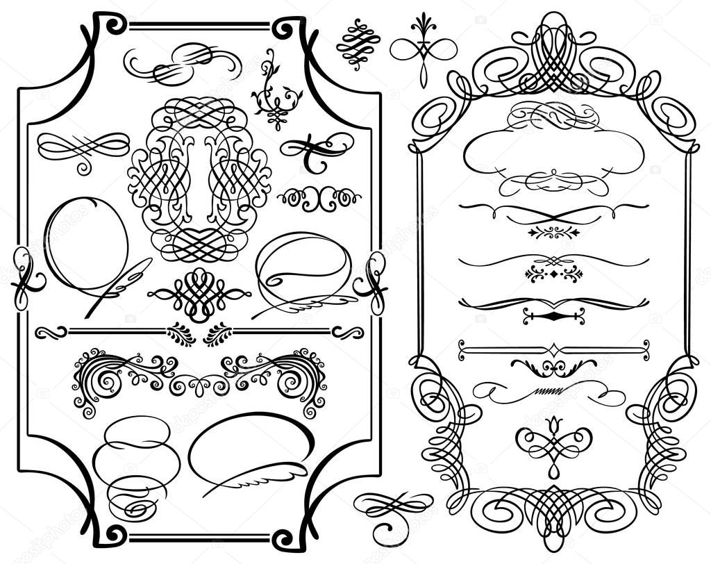 Set of 25 vector ornate classic antique calligraphic style vintage ornaments, simple line borders, frames, vignettes, dividers, pattern elements in black and white colors, isolated for custom print an