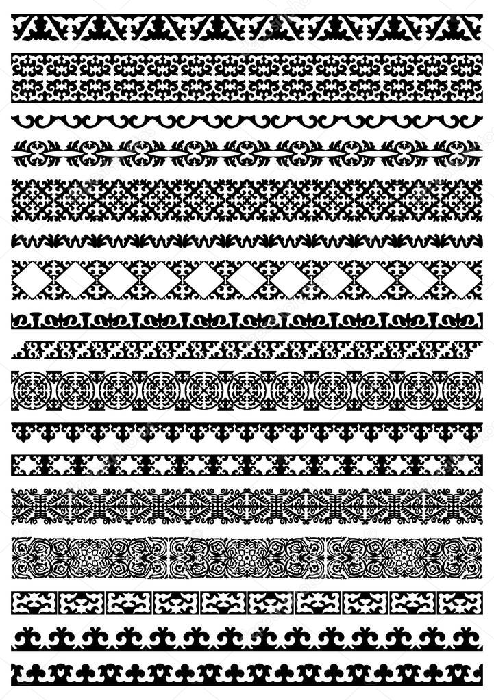 Set of 17 vector seamless borders, dividers and frames of Kazakh national Islamic ornament