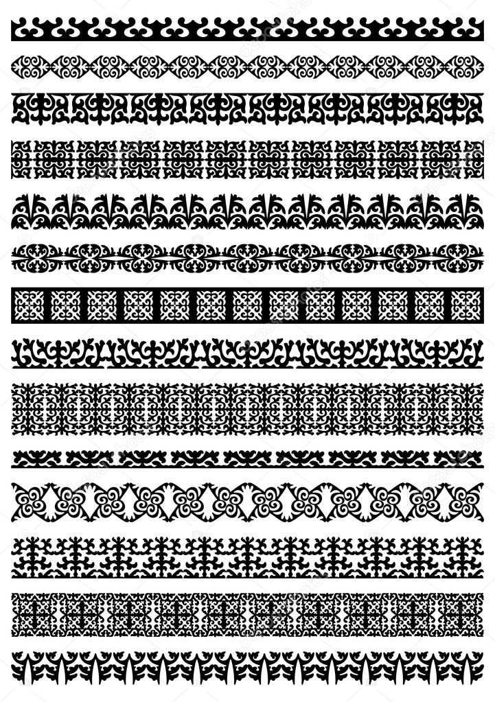 Kazakh national Islamic ornaments. Set of ornate motifs and elements for custom designs, patterns, backgrounds, logo. Simple elegant line patterns in arabesque, nomadic ethnic style.