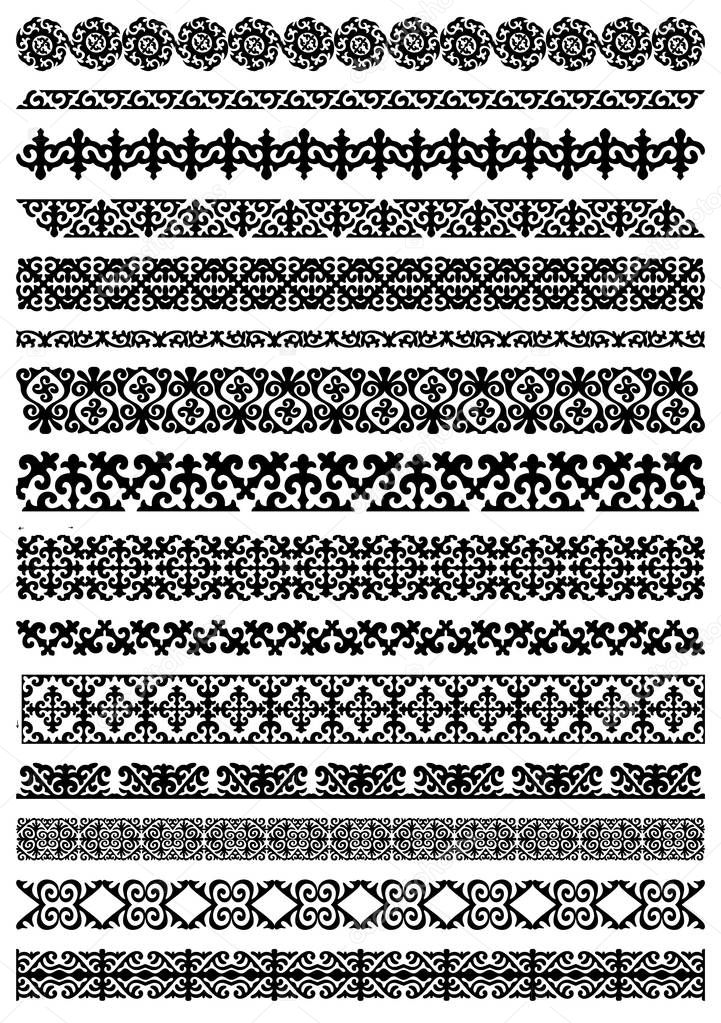 Kazakh national Islamic seamless ornaments. Set of ornate muslim borders, dividers and frames for covers, certificates or diplomas. Simple elegant line patterns in arabesque, nomadic ethnic style. 