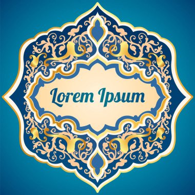 Çiçek veya desenli Arap dekoratif çerçevesi, lapis, mavi ve altın renklerde egzotik boho arabesk süs tasarımı. 