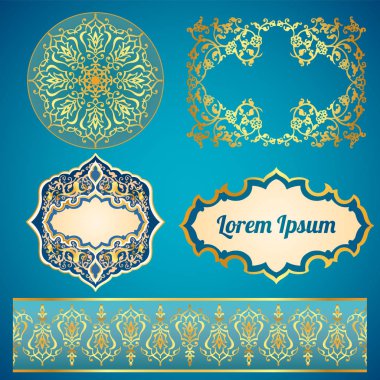 6 Arap dekoratif çerçeveler, süs elemanları ve çiçek, lapis, mavi ve altın renklerde egzotik boho arabesk süs tasarımları ile sınırları seti. 