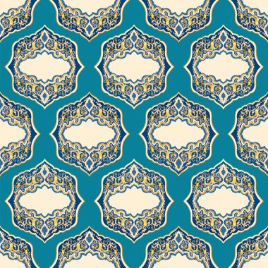 Arap çiçek dekoratif dikişsiz vektör desen, lapis egzotik boho arabesk süs tekstil tasarımı, mavi ve altın renkler. 