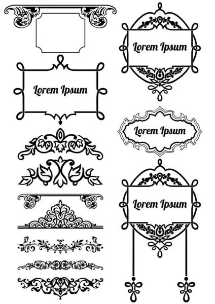 12 vektör süslü klasik antika barok veya rokoko tarzı vintage basit çizgi çerçeveler, süsler, vinyetler, sınırlar, siyah ve beyaz renklerde bölücüler, özel baskı ve tasarım için izole set