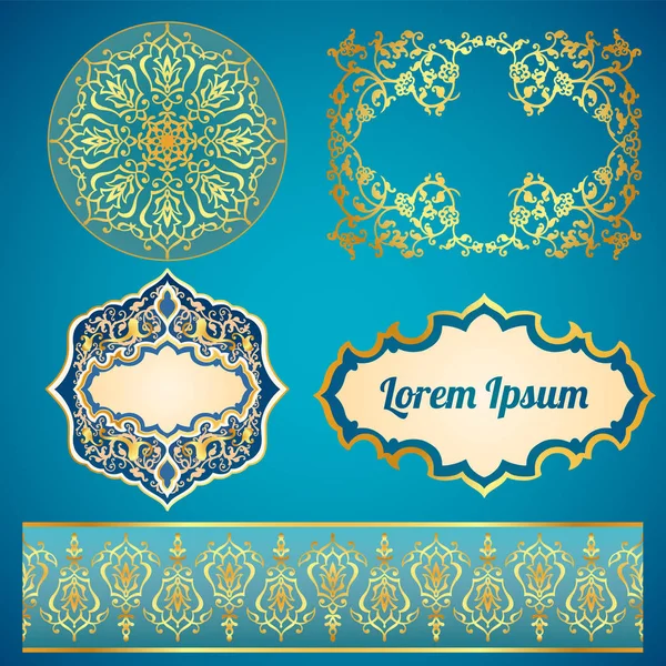 6 Arap dekoratif çerçeveler, süs elemanları ve çiçek, lapis, mavi ve altın renklerde egzotik boho arabesk süs tasarımları ile sınırları seti. 