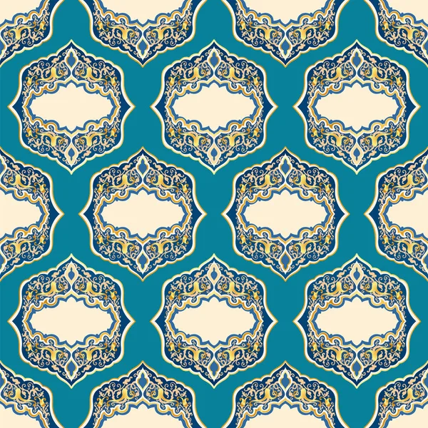 Patrón vectorial sin costuras decorativo floral árabe, exótico diseño textil ornamental boho arabesco en colores lapislázuli, azul y dorado . — Vector de stock