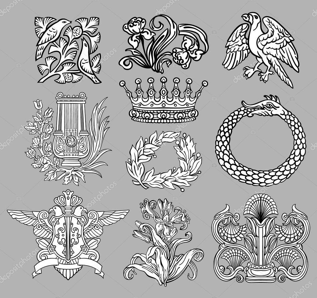Set of 10 vintage style decor elements, hand drawn vector line birds, iris, lily, crown, heraldry, ouroboros, Laurel wreath, harp for custom design and print