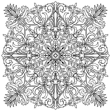 Siyah ve süre lineer vektör antik Roma, imparatorluk veya barok tarzı kare tekstil desen çiçek ve süs motifleri ile 