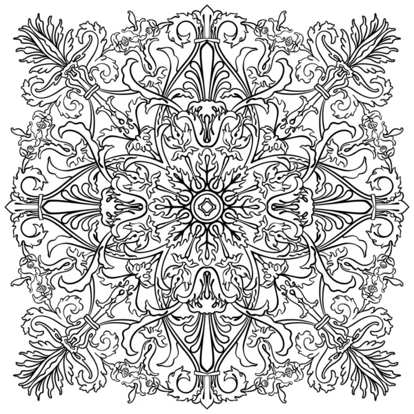 Black and while linear vector antique Roman, empire or baroque style square textile pattern with flowers and ornamental motifs — Stock Vector