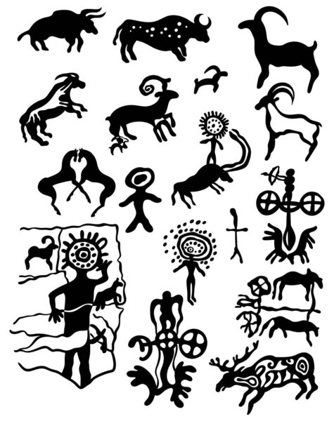 Vector illustration of ancient prehistorical middle asian Tamgaly petroglyphs, cave drawings and tribal carvings on the stones and hieroglyphs, made by ancient people