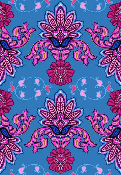 Patrón vectorial sin costuras decorativo floral persa con flores de granada, exótico diseño textil ornamental boho arabesco en colores azul, magenta y rosa . — Vector de stock