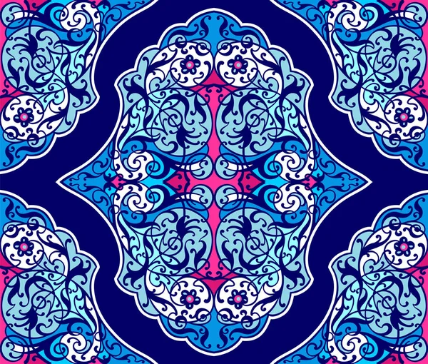 Patrón vectorial árabe islámico floral decorativo sin costuras vector. Diseño textil exótico boho arabesco ornamental en azul, magenta, colores blancos para un diseño personalizado — Vector de stock