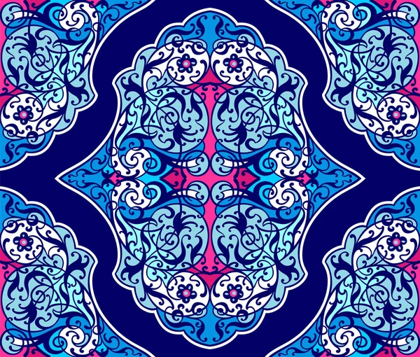 Vektör Arap İslam çiçek dekoratif dikişsiz vektör deseni. Mavi egzotik Boho arabesk süs tekstili tasarımı, macenta, özel tasarım için beyaz renkler