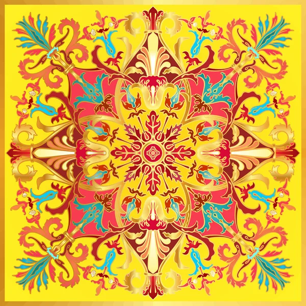 Барвистий квадратний вектор античний Роман, ампір або бароковий стиль безшовних текстильних візерунків з квітами і декоративними мотивами в Канарського жовтого, коралового, червоного, золотого і бірюзового кольорів — стоковий вектор