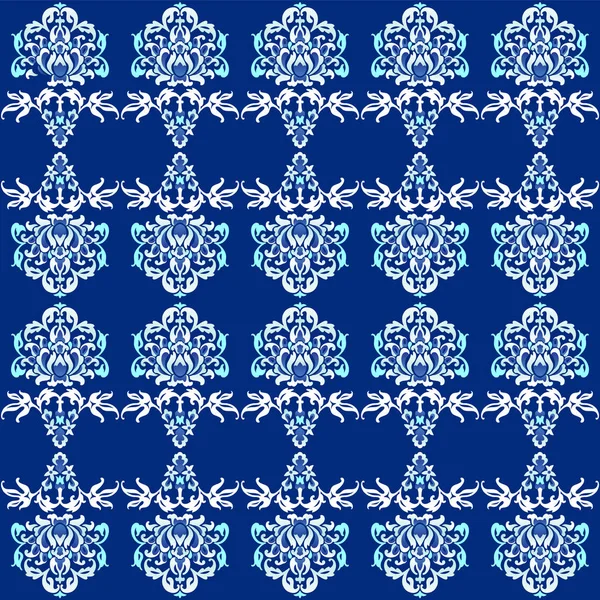 Patrón floral vectorial sin costuras, adornos vintage de estilo árabe damasco adornado en colores azul y blanco, fondo simple y elegante para impresión y diseño personalizados — Vector de stock