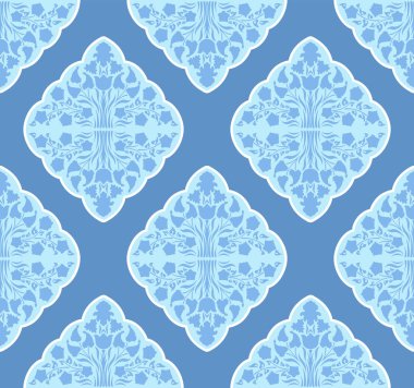 Vektör Arap İslami çiçek desenli, pürüzsüz vektör deseni. Egzotik Boho arabesk dekoratif tekstil tasarımı özel tasarım için mavi renklerin çeşitli tonlarında. Arkaplan için dekor tekrarlanıyor.