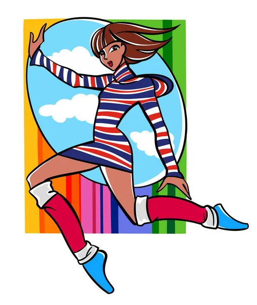 Vector kleurrijke mode illustratie van jong mooi meisje, hardlopen, het maken van fitness-oefening, aerobics, zorg over wellness, gezonde levensstijl, op regenboog achtergrond — Stockvector