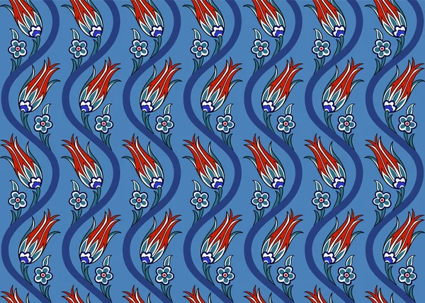 Vektör Arap İslami çiçek desenli, pürüzsüz vektör deseni. Özel tasarım için çivit mavisi, kırmızı ve beyaz renkli egzotik Boho arabesque dekoratif tekstil tasarımı. Arka planda dalgalar. Stok hastalığı