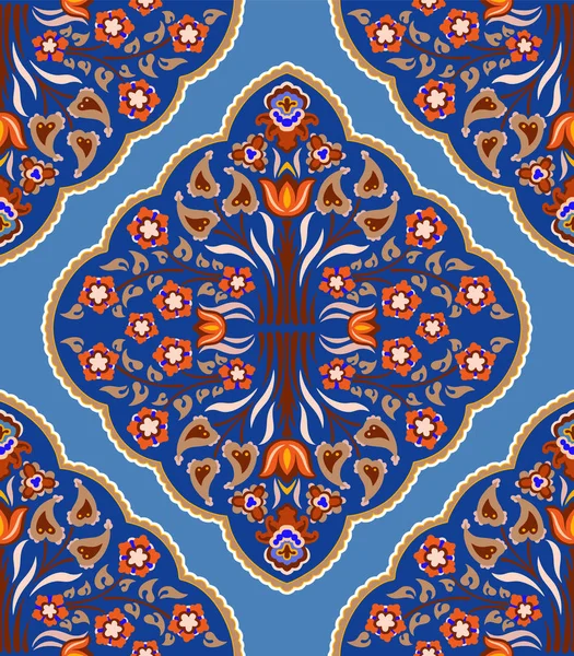 Vettore arabo islamico floreale decorativo modello vettoriale senza soluzione di continuità. Disegno tessile ornamentale arabesco esotico Boho nei colori blu scuro, arancio, beige, oro e bianco per il design personalizzato — Vettoriale Stock