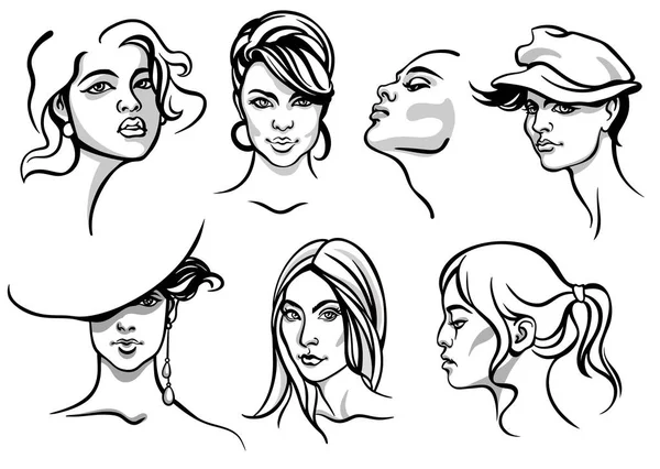 一组七幅漂亮的年轻白种人和亚裔妇女的时尚画像，发型和化妆各异，手工画成线条艺术简洁的风格 — 图库矢量图片