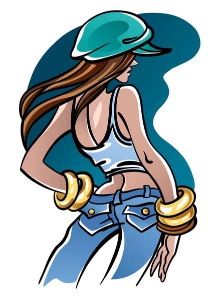 Ilustración de moda colorida vectorial de pie hermosa joven hipster o mujer hippie, con pantalones vaqueros, top y sombrero, vista posterior desde atrás — Vector de stock