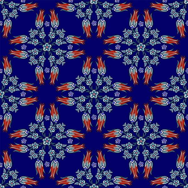 Patrón vectorial árabe islámico floral decorativo sin costuras vector. Exótico diseño textil ornamental boho arabesco en azul profundo, turquesa, rojo y blanco para un diseño personalizado — Vector de stock