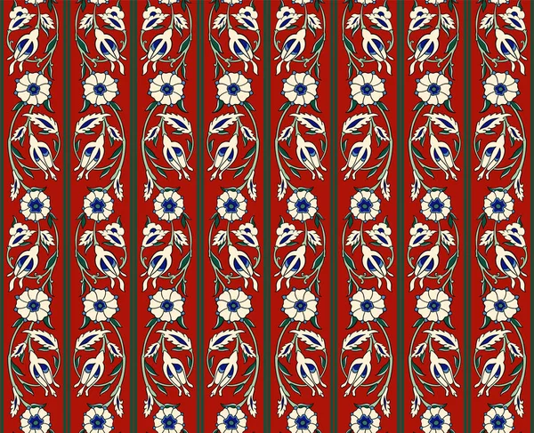 Patrón sin costura decorativo floral islámico vectorial árabe. Exótico diseño textil ornamental boho arabesco en colores rojo profundo, verde y azul para un diseño personalizado. Flores repitiendo. Ilustración general . — Vector de stock