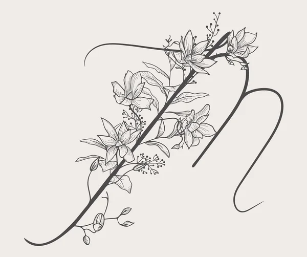 Vector Hand Drawn Flowered M monogram dan logo - Stok Vektor