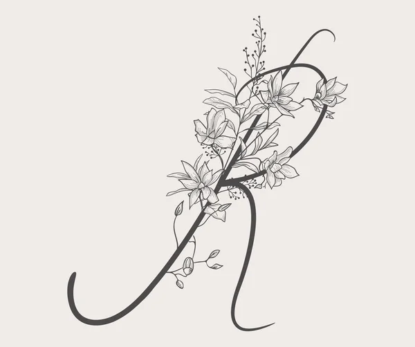 Vector dibujado a mano con flores R monograma y logotipo — Vector de stock