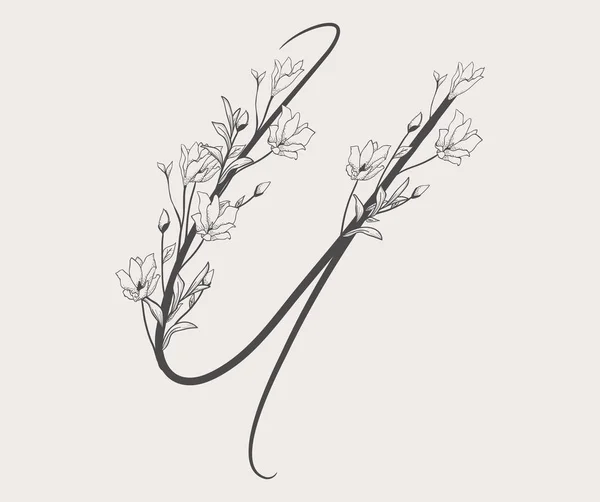 Monogramma e logo U maiuscolo a fiori disegnati a mano vettoriale — Vettoriale Stock