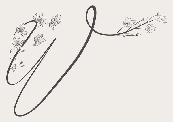 Vetor mão desenhada flor maiúscula W monograma e logotipo — Vetor de Stock