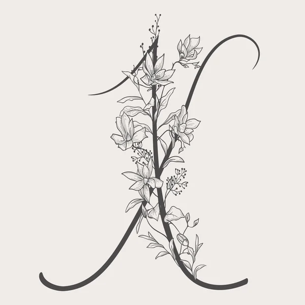Vector dibujado a mano con flores en mayúsculas X monograma y logotipo — Archivo Imágenes Vectoriales