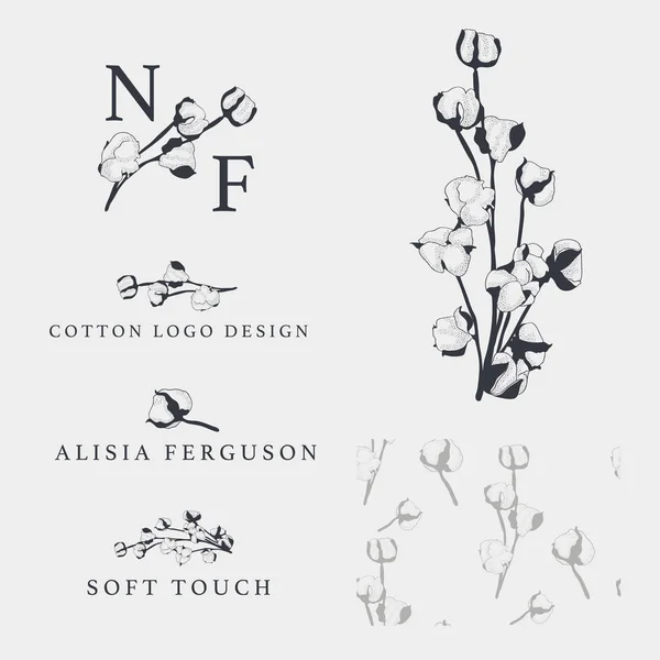 Plantillas de logotipo dibujadas a mano vector flor de algodón, marca . — Archivo Imágenes Vectoriales