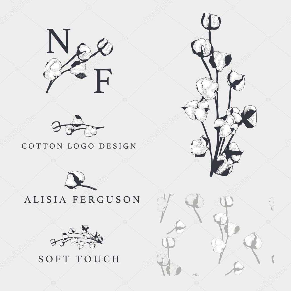 Cotton bud leaf flower vector hand drawn logo template, packaging, label, identity, branding. Stylish logo and seamless pattern design with sketch vector illustration of cotton flower.