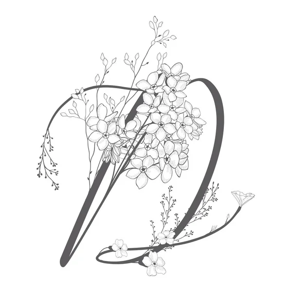 Vetor mão desenhada floral D monograma e logotipo — Vetor de Stock