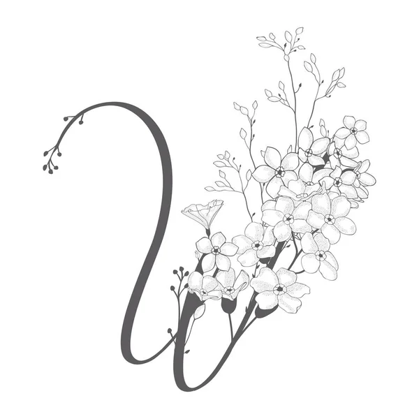 ベクトル手描き花柄 W モノグラムとロゴ — ストックベクタ