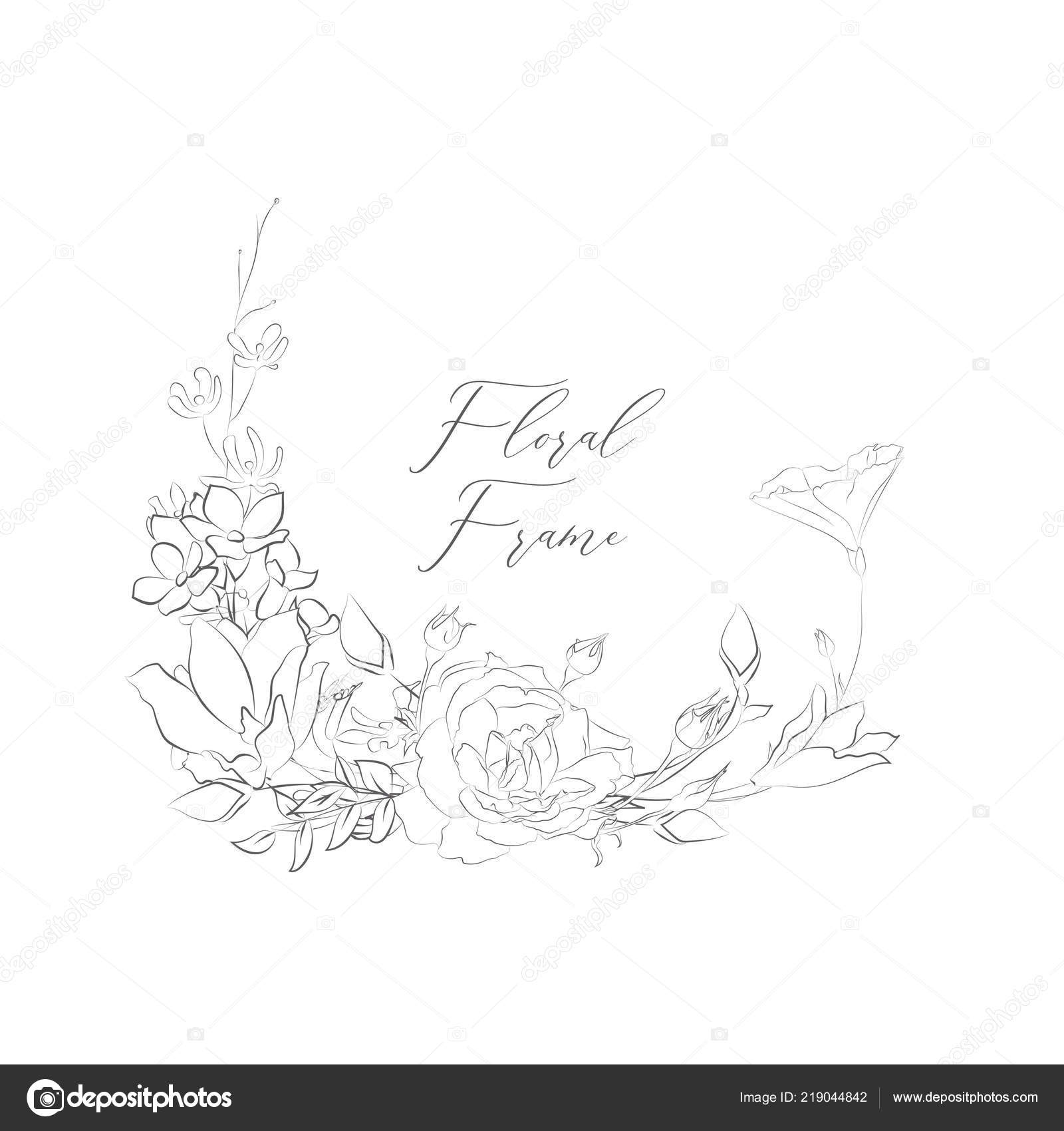 Geometric floral frame with rose flowers. Black outline simple desing  isolated on white background. Vector illustration.