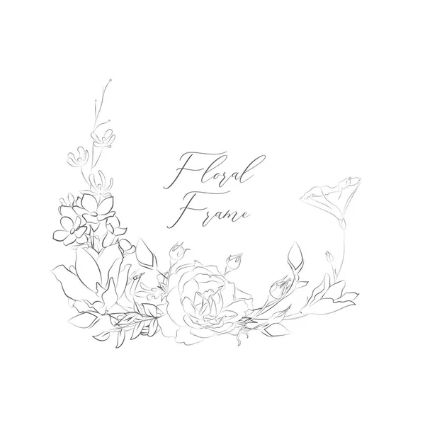 Einfache Linie Zeichnung Floristischen Rahmen Rand Mit Zarten Gezeichneten Blumen — Stockvektor